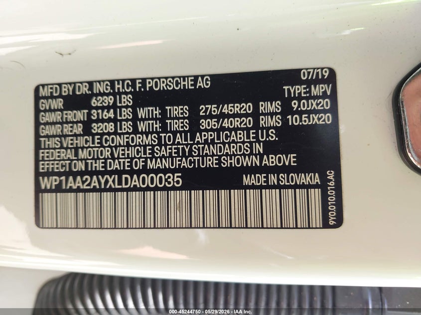 2020 Porsche Cayenne VIN WP1AA2AYXLDA00035 IAAI salvage auction — SIDE, Salvage Title, sold $16,200 on 2026-09-08 (photo 9)