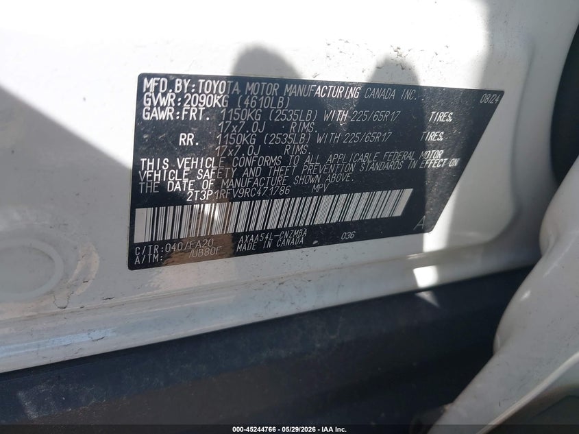 2024 Toyota Rav 4 VIN 2T3P1RFV9RC471786 IAAI salvage auction — RIGHT SIDE, Salvage Title, sold $16,150 on 2026-07-28 (photo 9)