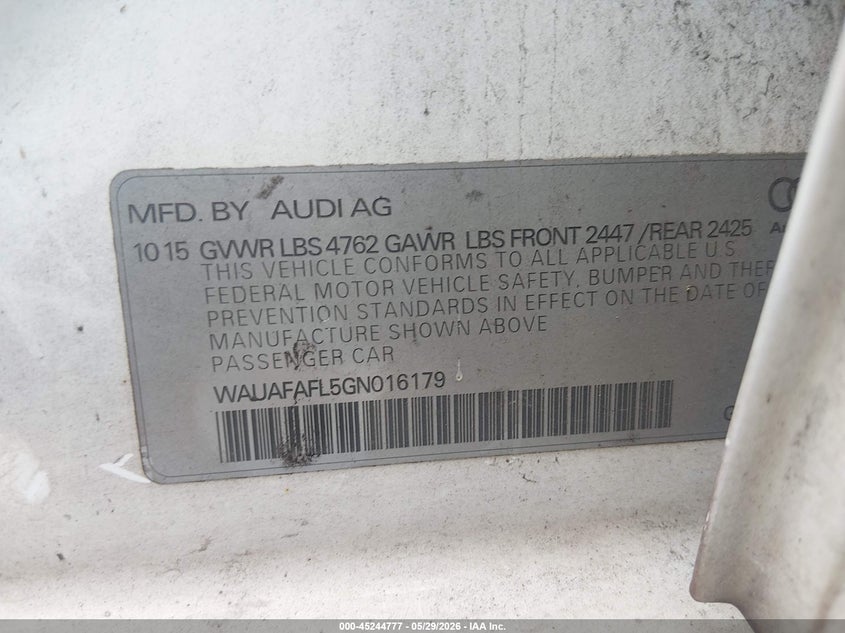 2016 Audi A4 VIN WAUAFAFL5GN016179 IAAI salvage auction — FRONT END, Salvage Title, sold $100 on 2026-07-15 (photo 9)