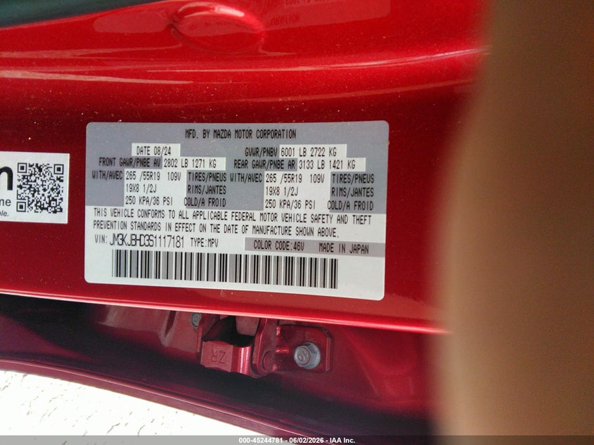 2025 Mazda Cx-70 VIN JM3KJBHD3S1117181 IAAI salvage auction — HAIL, Salvage Title, sold $15,750 on 2026-07-06 (photo 9)