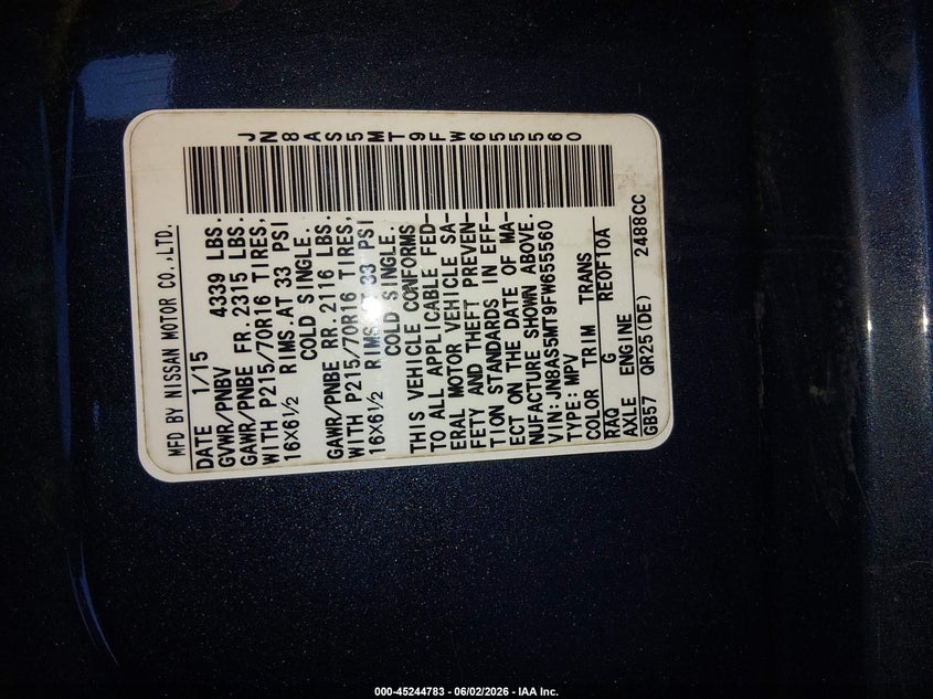2015 Nissan Rogue VIN JN8AS5MT9FW655560 IAAI salvage auction — FRONT & REAR, Salvage (Kentucky), sold $300 on 2026-07-29 (photo 9)