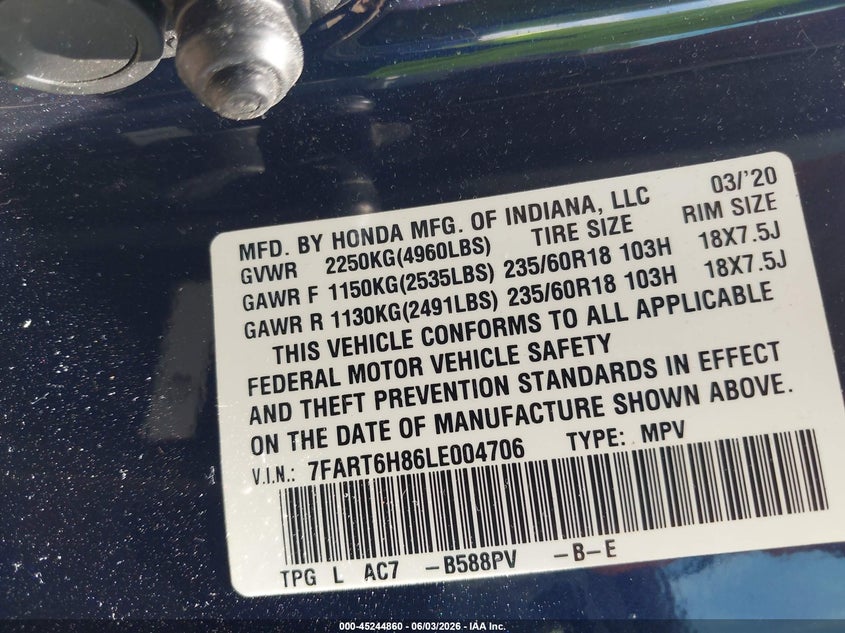 2020 Honda Cr-v VIN 7FART6H86LE004706 IAAI salvage auction — SIDE, Salvage Title, sold $5,275 on 2026-07-29 (photo 9)
