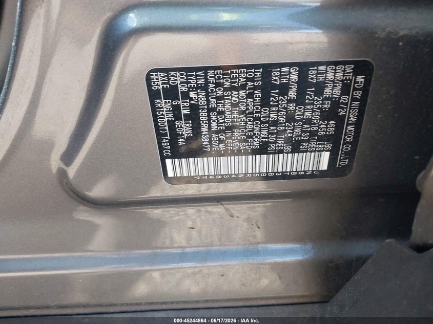 2024 Nissan Rogue VIN JN8BT3BB5RW438477 IAAI salvage auction — WATER/FLOOD, Mv-907A (New York), sold $8,800 on 2026-07-14 (photo 9)