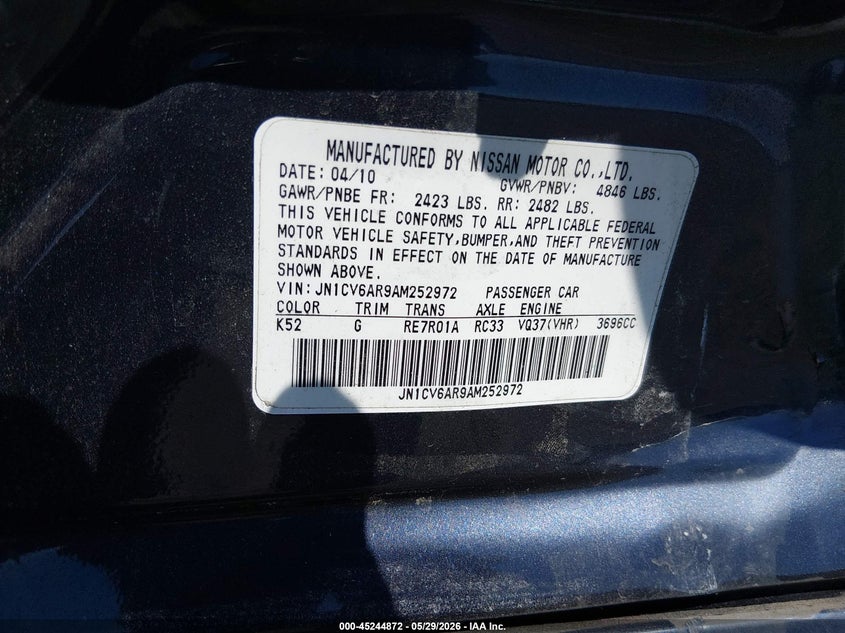 2010 Infiniti G37 VIN JN1CV6AR9AM252972 IAAI salvage auction — LEFT SIDE, Salvage - Greater Than 75% (Maryland), sold $925 on 2026-07-06 (photo 9)