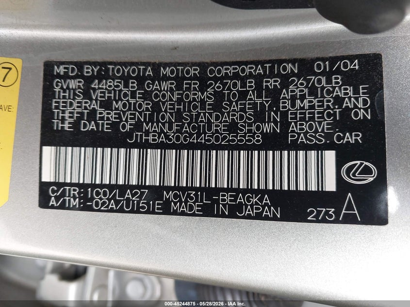 2004 Lexus Es 330 VIN JTHBA30G445025558 IAAI salvage auction — LEFT FRONT, Salvage (New Jersey), sold $575 on 2026-07-14 (photo 9)
