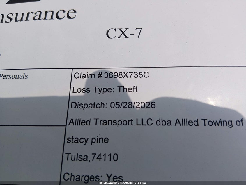 2012 Mazda Cx-7 VIN JM3ER2BM7C0419580 IAAI salvage auction — THEFT, Clear (Oklahoma), sold $625 on 2026-07-21 (photo 6)