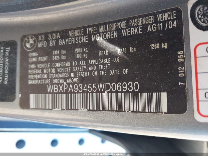 2005 BMW X3 VIN WBXPA93455WD06930 IAAI salvage auction — NORMAL WEAR, Clear (New York), sold $425 on 2026-08-04 (photo 9)