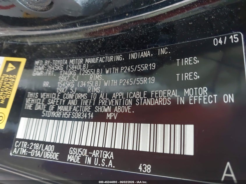 2015 Toyota Highlander VIN 5TDYKRFH5FS083414 IAAI salvage auction — FRONT END, Salvage (Alabama), sold $3,500 on 2026-07-29 (photo 9)