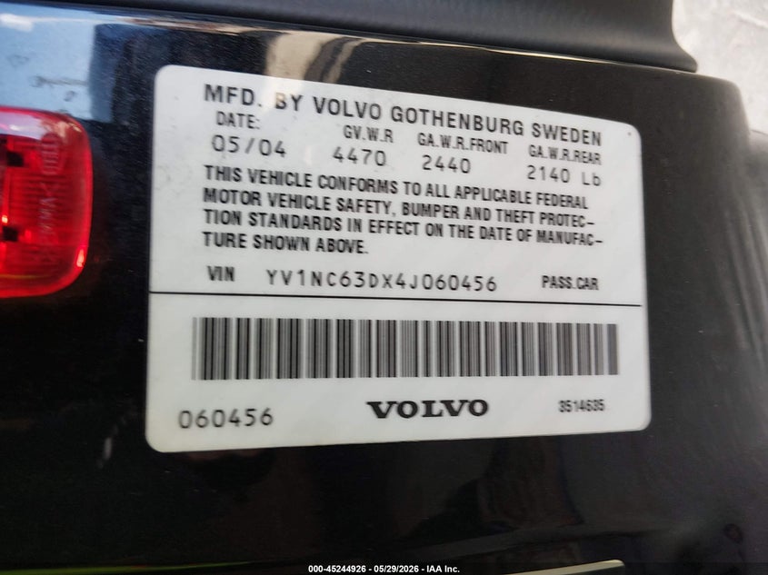 2004 Volvo C70 VIN YV1NC63DX4J060456 IAAI salvage auction — LEFT SIDE, Rebuildable (Florida), sold $375 on 2026-07-07 (photo 9)