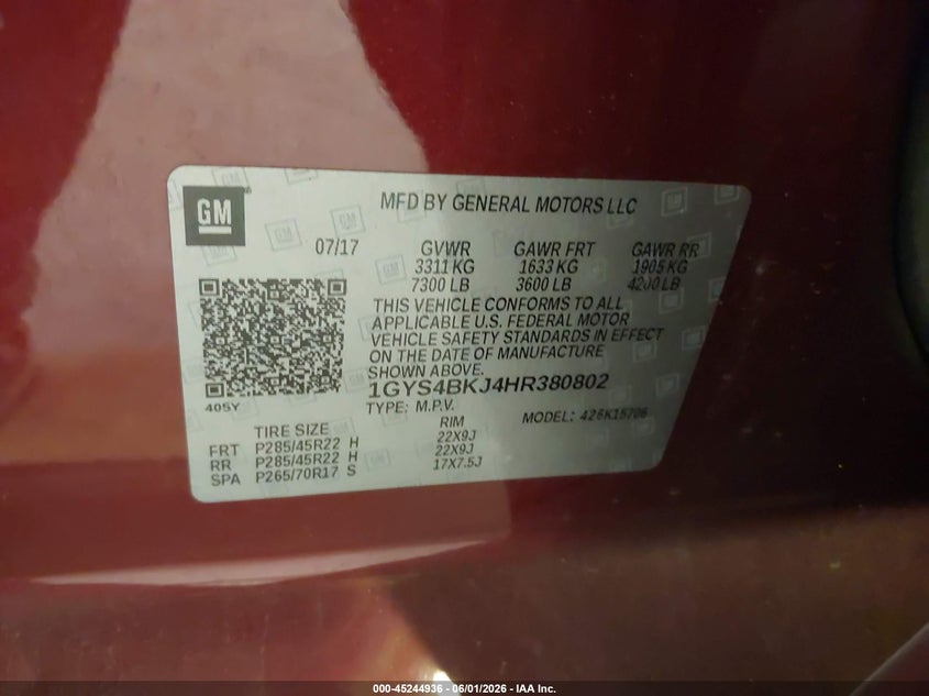 2017 Cadillac Escalade VIN 1GYS4BKJ4HR380802 IAAI salvage auction — FRONT END, Salvage Title, sold $4,350 on 2026-07-08 (photo 9)