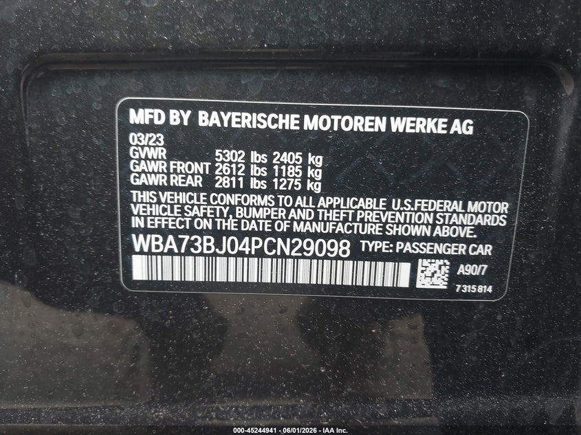 2023 BMW 5er VIN WBA73BJ04PCN29098 IAAI salvage auction — FRONT END, Salvage (Massachusetts), sold $10,600 on 2026-07-21 (photo 9)