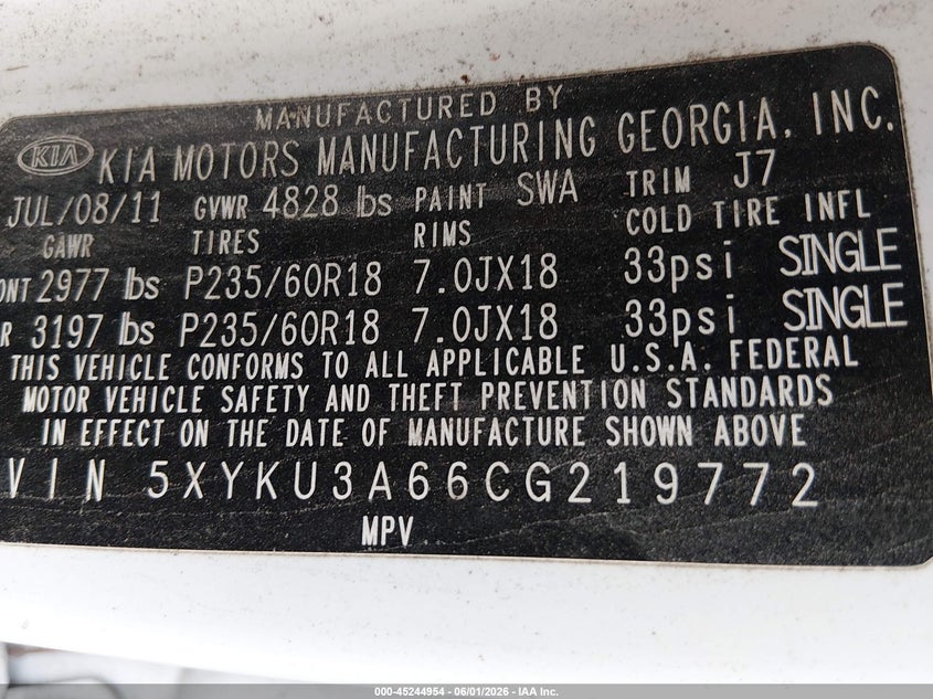 2012 Kia Sorento VIN 5XYKU3A66CG219772 IAAI salvage auction — FRONT END, Clear (Florida), sold $550 on 2026-07-28 (photo 9)