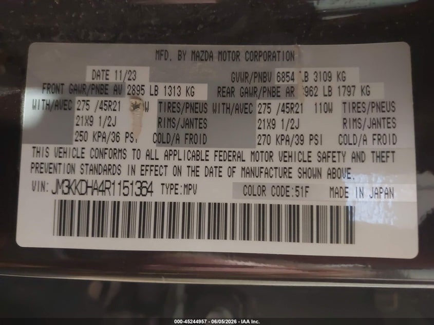 2024 Mazda Cx-90 VIN JM3KKDHA4R1151364 IAAI salvage auction — FRONT END, Salvage Title, sold $1,000 on 2026-07-21 (photo 9)