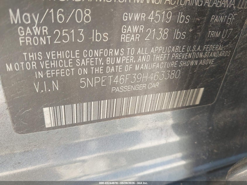 2009 Hyundai Sonata VIN 5NPET46F39H463380 IAAI salvage auction — NORMAL WEAR, Clear (Virginia), sold $350 on 2026-07-13 (photo 9)