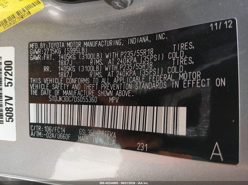 2013 Toyota Sienna VIN 5TDJK3DC7DS055360 IAAI salvage auction — RIGHT SIDE, Salvage Title, sold $2,000 on 2026-07-22 (photo 9)