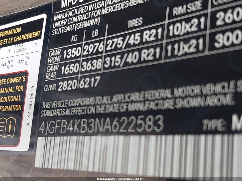 2022 Mercedes-benz Gle VIN 4JGFB4KB3NA622583 IAAI salvage auction — REAR END, Salvage Title, sold $26,250 on 2026-07-28 (photo 9)