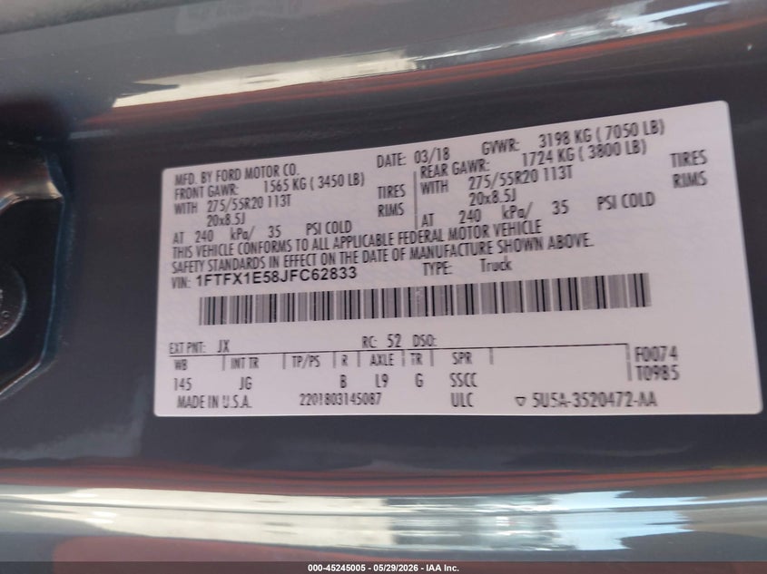 2018 Ford F-150 VIN 1FTFX1E58JFC62833 IAAI salvage auction — FRONT END, Salvage Title, sold $6,600 on 2026-07-28 (photo 9)