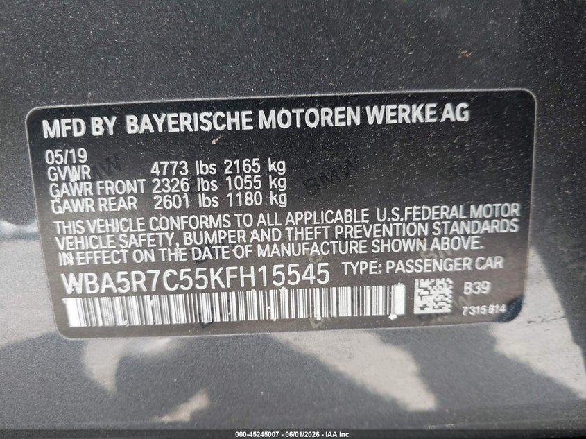 2019 BMW 3er VIN WBA5R7C55KFH15545 IAAI salvage auction — REAR END, Salvage Title, sold $8,500 on 2026-07-07 (photo 9)