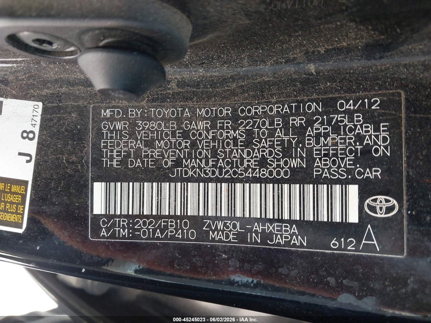 2012 Toyota Prius VIN JTDKN3DU2C5448000 IAAI salvage auction — NORMAL WEAR, Original (Texas), sold $1,050 on 2026-07-13 (photo 9)