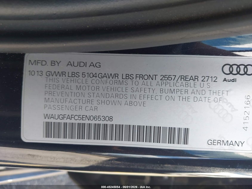 2014 Audi A6 VIN WAUGFAFC5EN065308 IAAI salvage auction — LEFT REAR, Salvage (South Carolina), sold $1,000 on 2026-07-08 (photo 9)
