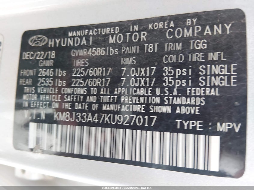 2019 Hyundai Tucson VIN KM8J33A47KU927017 IAAI salvage auction — HAIL, Salvage Title, sold $3,600 on 2026-07-24 (photo 9)