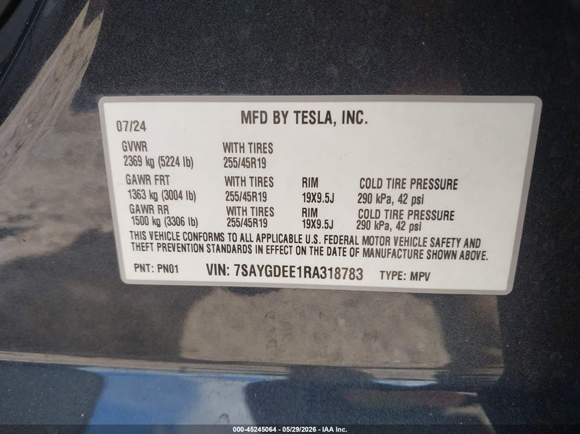 2024 Tesla Model y VIN 7SAYGDEE1RA318783 IAAI salvage auction — FRONT END, Salvage Title, sold $8,000 on 2026-07-09 (photo 9)