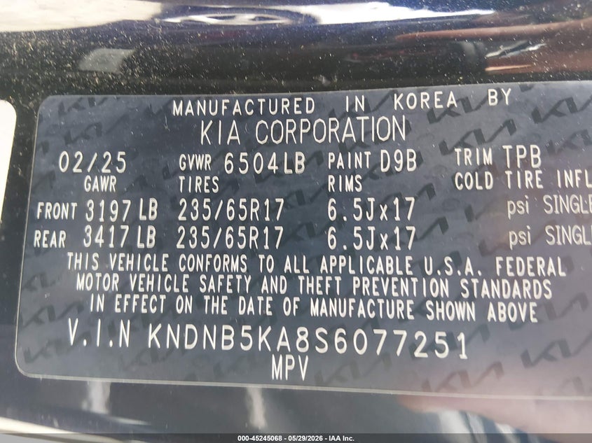 2025 Kia Carnival VIN KNDNB5KA8S6077251 IAAI salvage auction — FRONT END, Salvage (Louisiana), sold $10,000 on 2026-07-29 (photo 9)