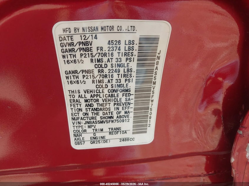 2015 Nissan Rogue VIN JN8AS5MV5FW750912 IAAI salvage auction — FRONT & REAR, Salvage Title, sold $400 on 2026-07-20 (photo 9)