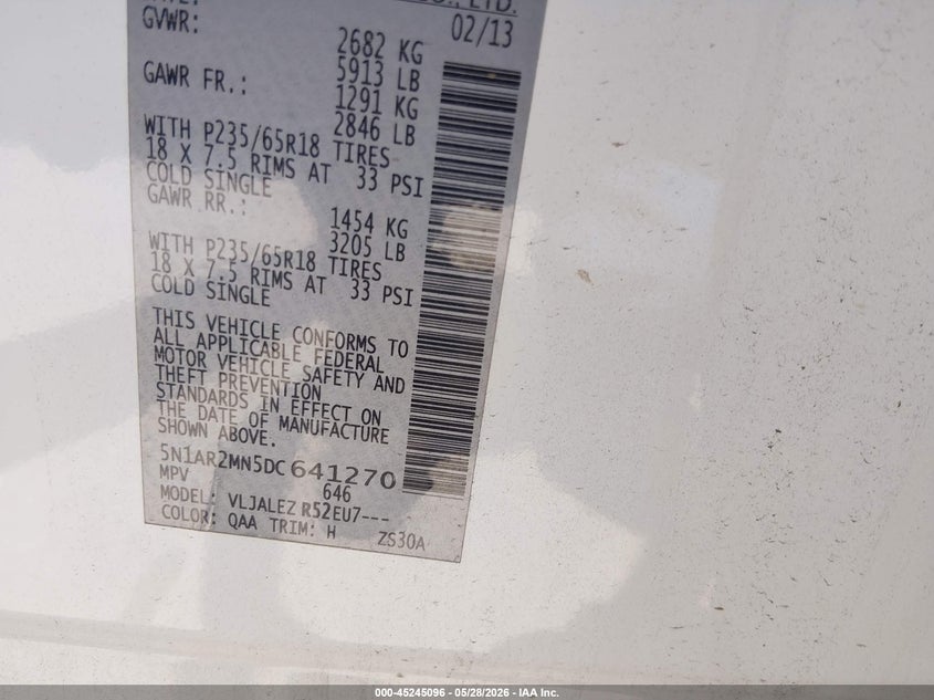2013 Nissan Pathfinder VIN 5N1AR2MN5DC664127 IAAI salvage auction — NORMAL WEAR, Salvage Title, sold $725 on 2026-07-27 (photo 9)