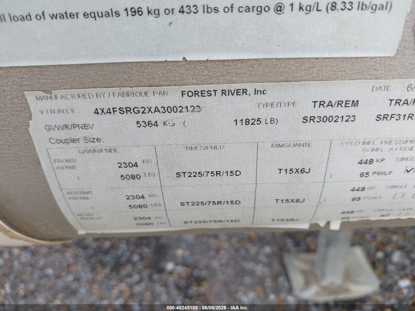 2010 Palomino Sabre VIN 4X4FSRG2XA3002123 IAAI salvage auction — ROOF, Clear (Tennessee), sold $800 on 2026-07-15 (photo 9)