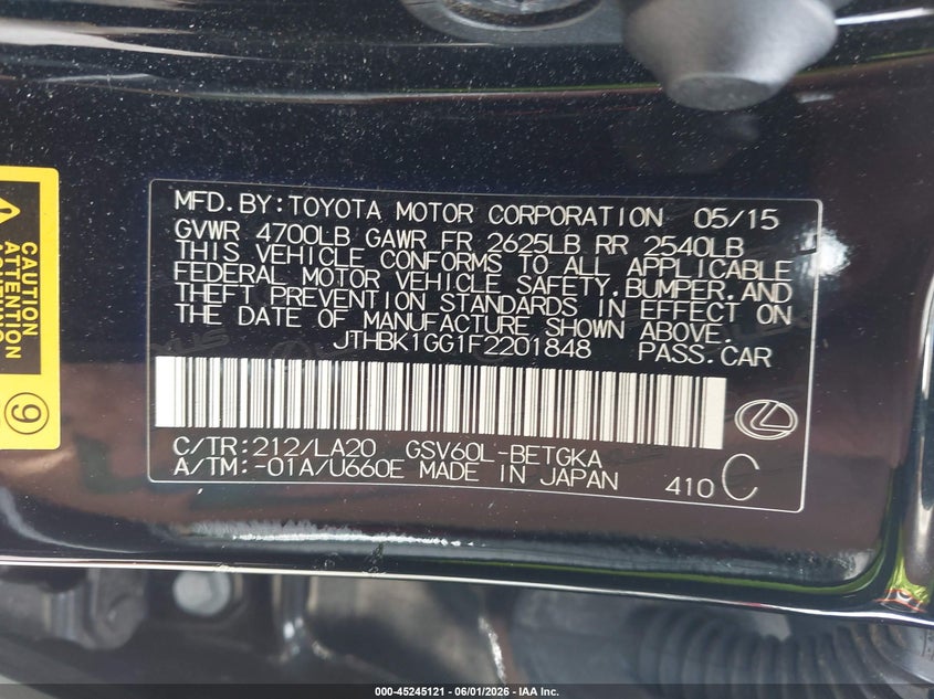 2015 Lexus ES VIN JTHBK1GG1F2201848 IAAI salvage auction — FRONT END, Salvage Title, sold $3,575 on 2026-07-23 (photo 9)