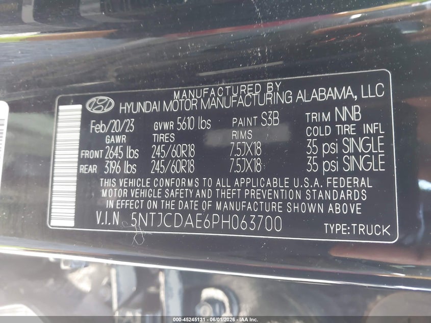 2023 Hyundai Santa cruz VIN 5NTJCDAE6PH063700 IAAI salvage auction — WATER/FLOOD, Salvage Title, sold $10,100 on 2026-07-31 (photo 9)