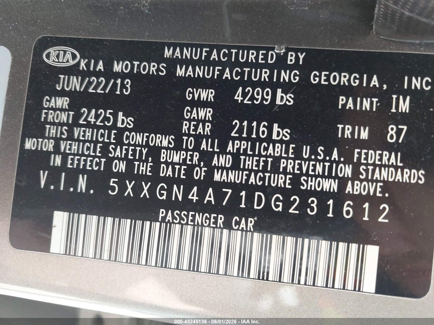 2013 Kia Optima VIN 5XXGN4A71DG231612 IAAI salvage auction — REAR END, Salvage Title, sold $925 on 2026-07-29 (photo 9)