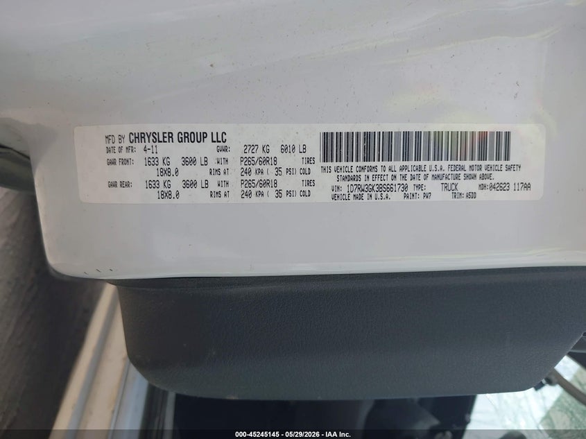 2011 Ram Dakota VIN 1D7RW3GK3BS661730 IAAI salvage auction — FRONT & REAR, Salvage (Iowa), sold $1,250 on 2026-07-21 (photo 9)
