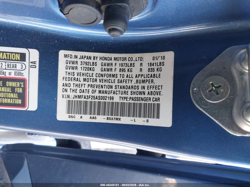 2010 Honda Civic VIN JHMFA3F25AS002199 IAAI salvage auction — FRONT END, Salvage (Delaware), sold $275 on 2026-07-30 (photo 9)