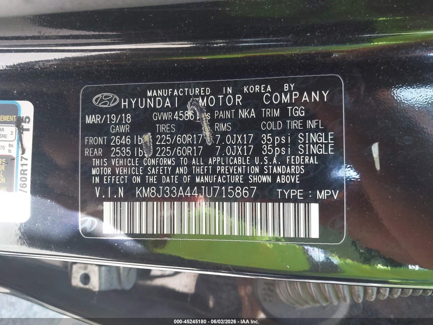 2018 Hyundai Tucson VIN KM8J33A44JU715867 IAAI salvage auction — LEFT FRONT, Salvage Title, sold $2,750 on 2026-07-20 (photo 9)