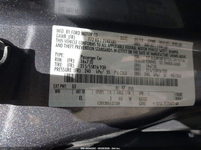 2013 Ford Focus VIN 1FADP3F27DL351019 IAAI salvage auction — LEFT FRONT, Salvage (Ohio), sold $25 on 2026-07-19 (photo 9)