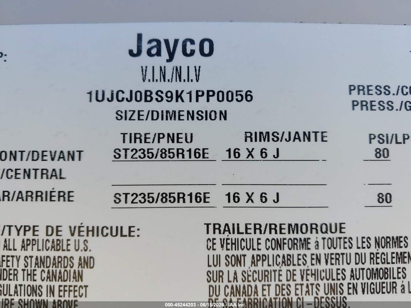 2019 Jayco Eagle VIN 1UJCJ0BS9K1PP0056 IAAI salvage auction — SUSPENSION, Salvage (North Carolina), sold $6,200 on 2026-07-08 (photo 9)