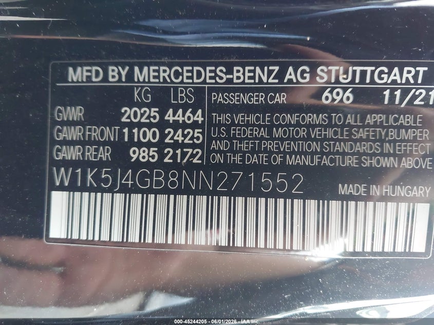 2022 Mercedes-benz VIN W1K5J4GB8NN271552 IAAI salvage auction — LEFT SIDE, Salvage Title, sold $3,200 on 2026-07-15 (photo 9)