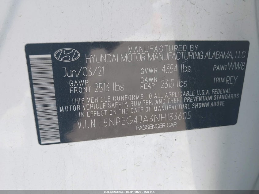 2022 Hyundai Sonata VIN 5NPEG4JA3NH133605 IAAI salvage auction — HAIL, Salvage Title, sold $3,150 on 2026-07-20 (photo 9)