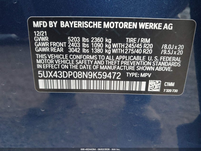 2022 BMW X3 VIN 5UX43DP08N9K59472 IAAI salvage auction — ELECTRICAL, Salvage Title, sold $12,000 on 2026-07-31 (photo 9)