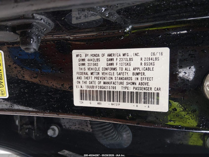 2016 Acura Tlx VIN 19UUB1F39GA015766 IAAI salvage auction — HAIL, Salvage Title, sold $3,450 on 2026-08-03 (photo 9)