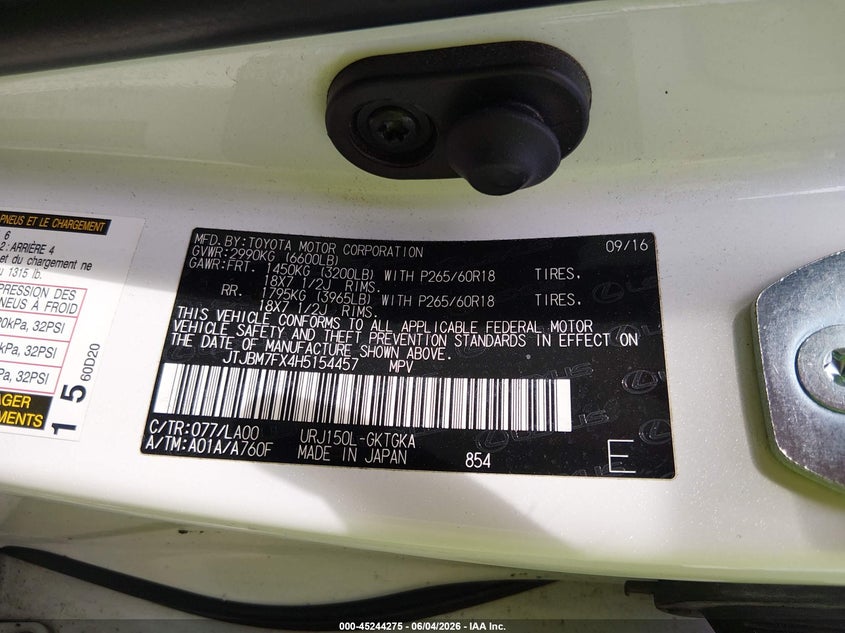 2017 Lexus Gx VIN JTJBM7FX4H5154457 IAAI salvage auction — EXTERIOR BURN, Salvage Title, sold $12,500 on 2026-07-30 (photo 9)