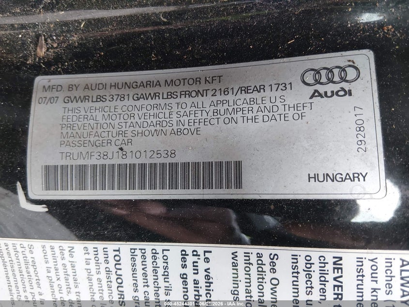 2008 Audi Tt VIN TRUMF38J181012538 IAAI salvage auction — NORMAL WEAR, Clear (South Carolina), sold $900 on 2026-07-14 (photo 9)