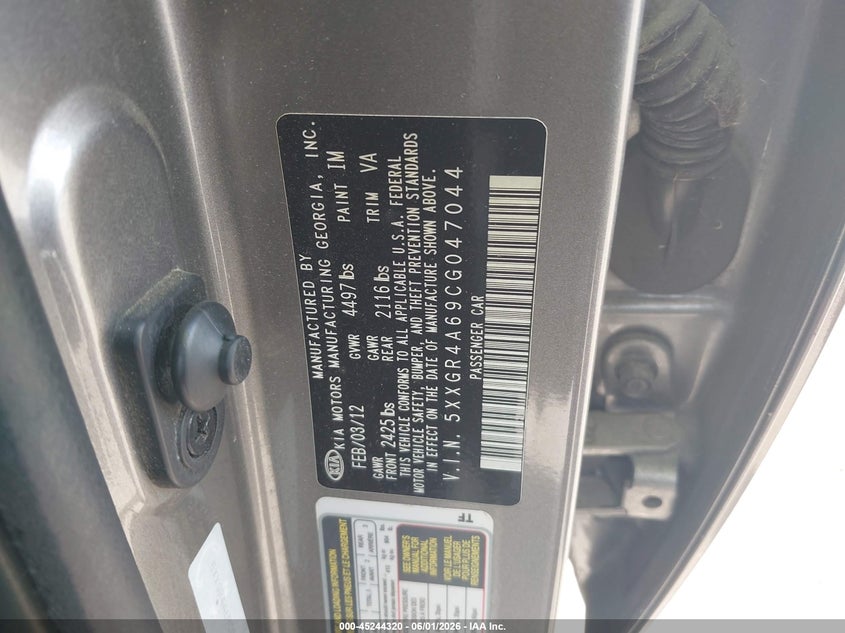 2012 Kia Optima VIN 5XXGR4A69CG047044 IAAI salvage auction — FRONT END, Salvage Title, sold $600 on 2026-07-15 (photo 9)