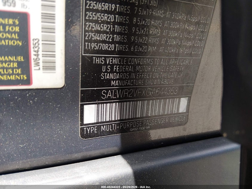 2016 Land rover Range rover sport VIN SALWR2VFXGA644353 IAAI salvage auction — LEFT FRONT, Salvage Title, sold $6,750 on 2026-07-09 (photo 9)