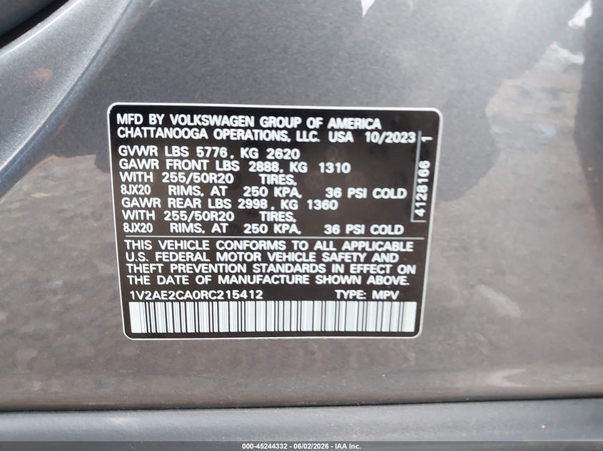 2024 Volkswagen Atlas cross sport VIN 1V2AE2CA0RC215412 IAAI salvage auction — RIGHT SIDE, Salvage Title, sold $12,400 on 2026-07-13 (photo 9)