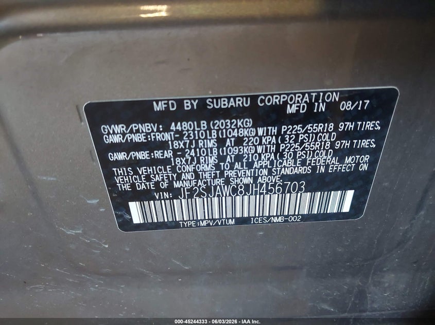 2018 Subaru Forester VIN JF2SJAWC8JH456703 IAAI salvage auction — FRONT END, Clear (Michigan), sold $300 on 2026-07-28 (photo 9)