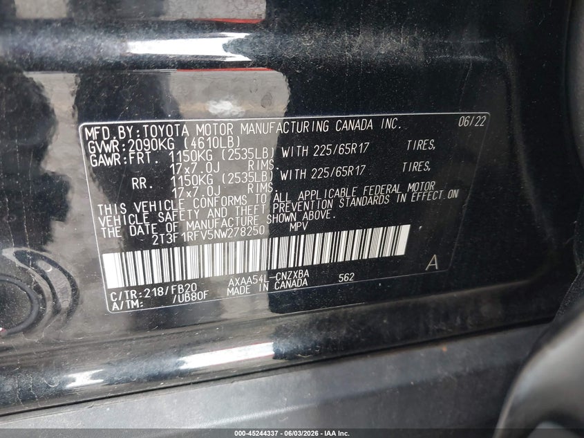 2022 Toyota Rav 4 VIN 2T3F1RFV5NW278250 IAAI salvage auction — LEFT SIDE, Salvage Title, sold $6,200 on 2026-07-31 (photo 9)
