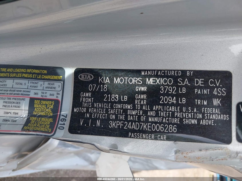 2019 Kia Forte VIN 3KPF24AD7KE006286 IAAI salvage auction — SIDE, Salvage (Ohio), sold $1,700 on 2026-07-17 (photo 9)